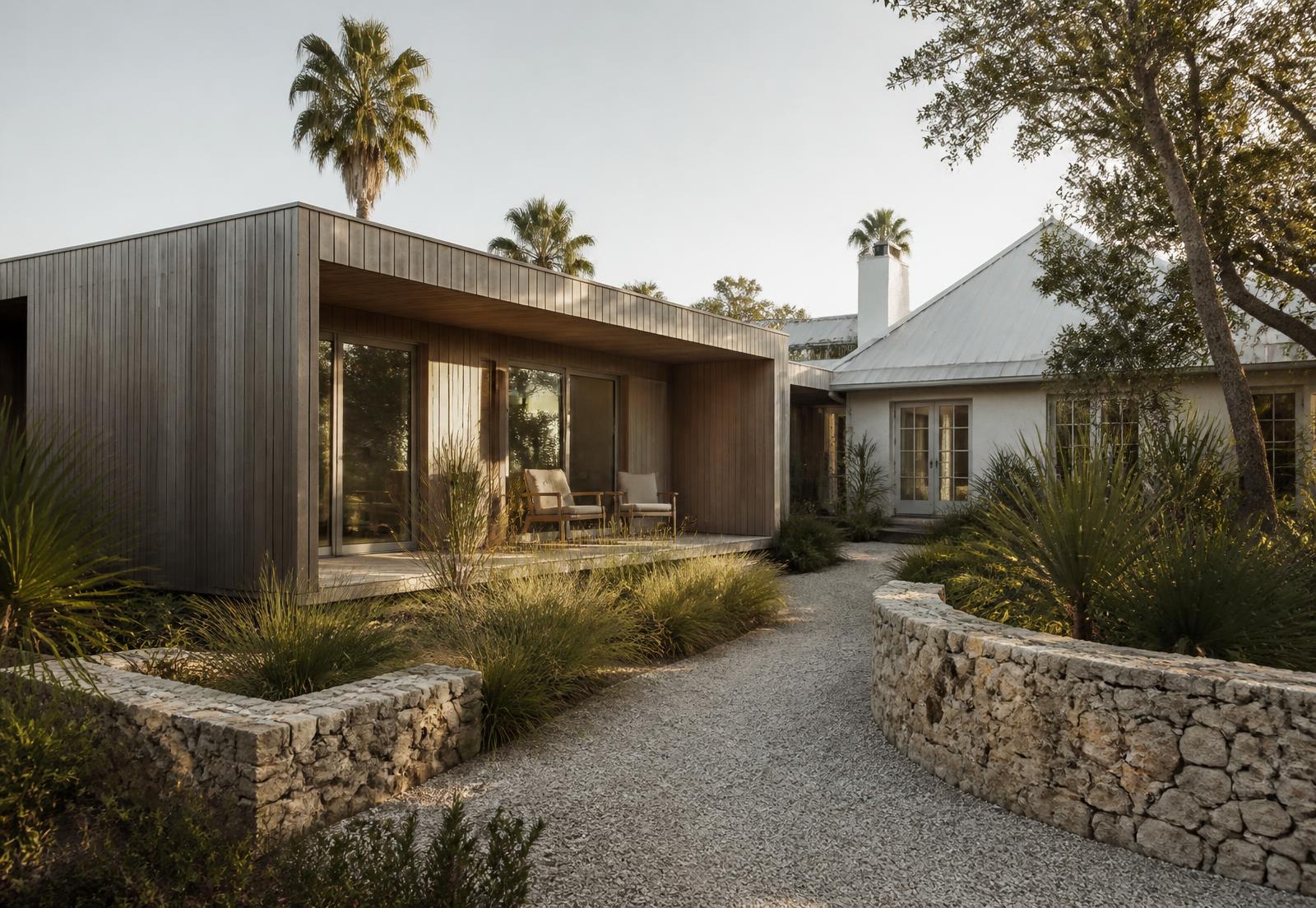 Live Oak Guest Wing — A separate wing for family visits, held apart from the house by a shaded walk.