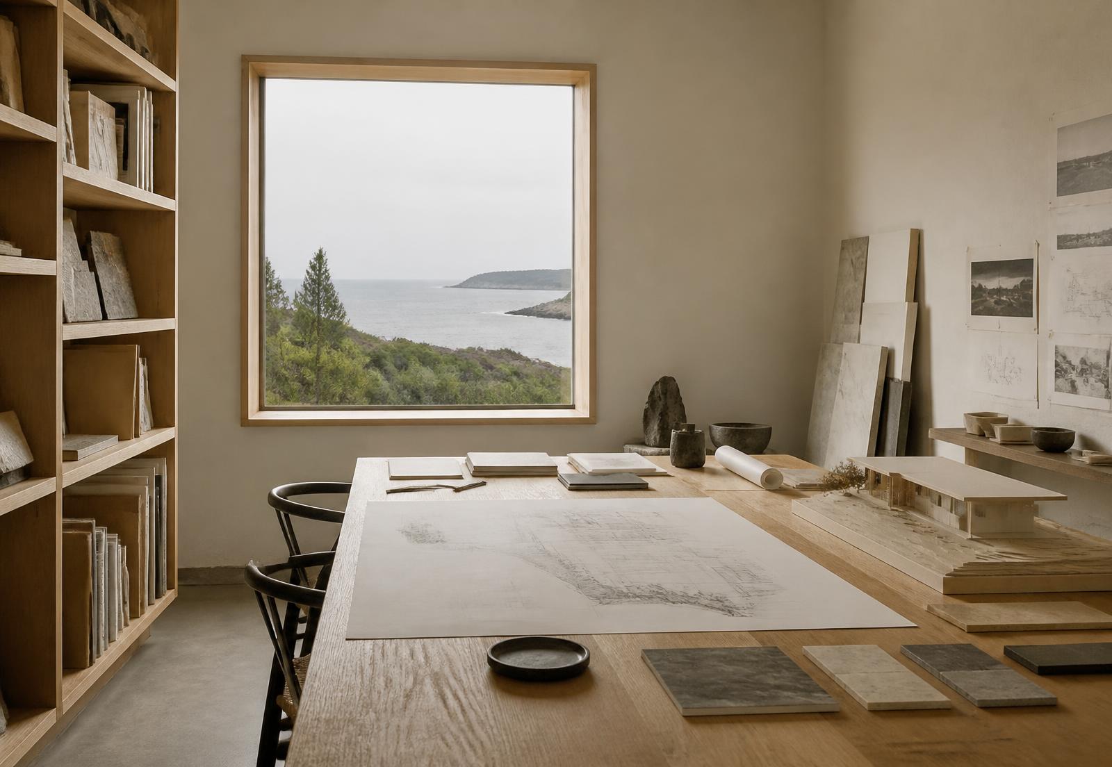 Concept image of the studio's working table with drawings and material samples